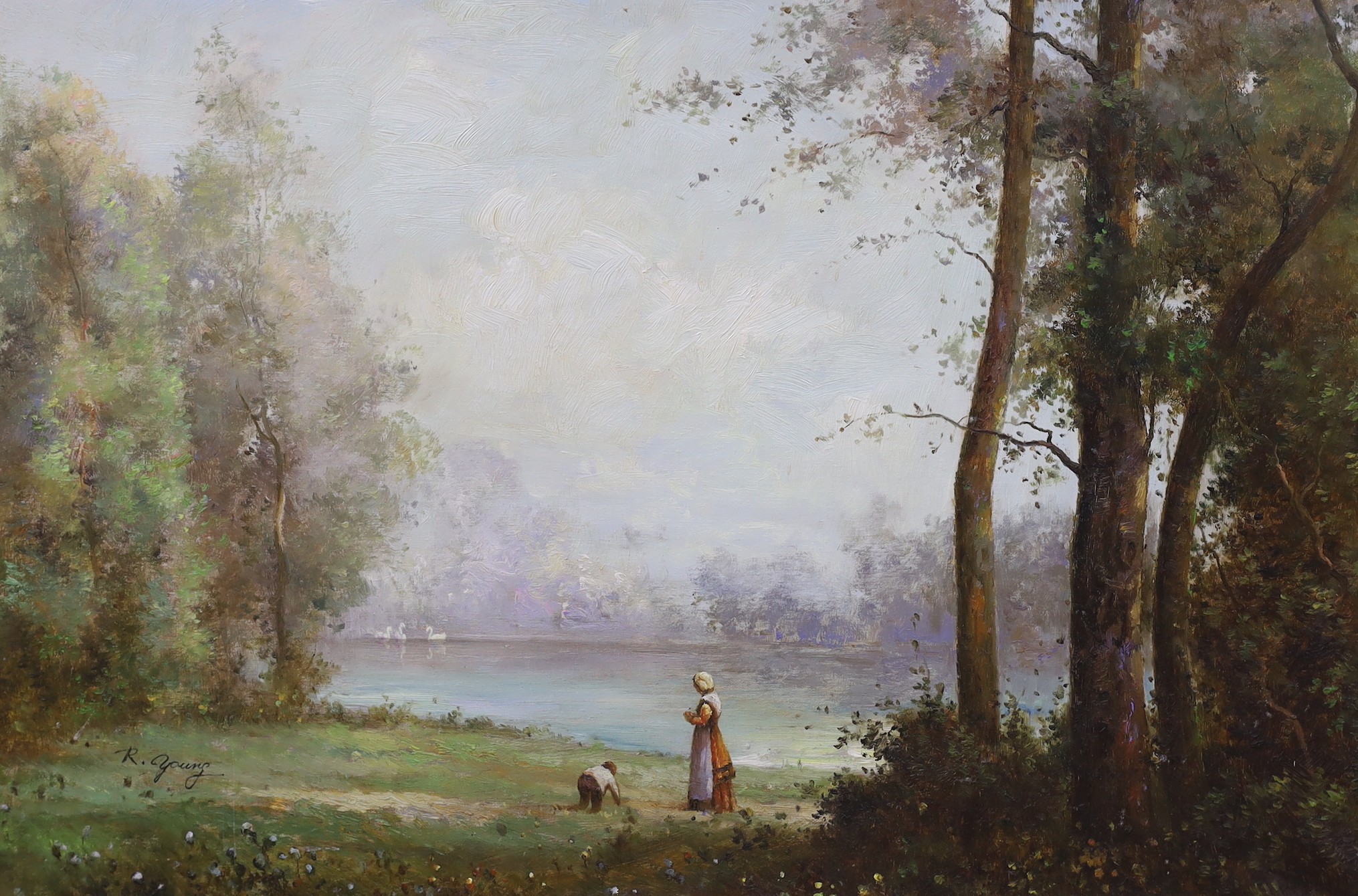 R. Young, oil on canvas, Figures beside a lake, signed, 50 x 75cm